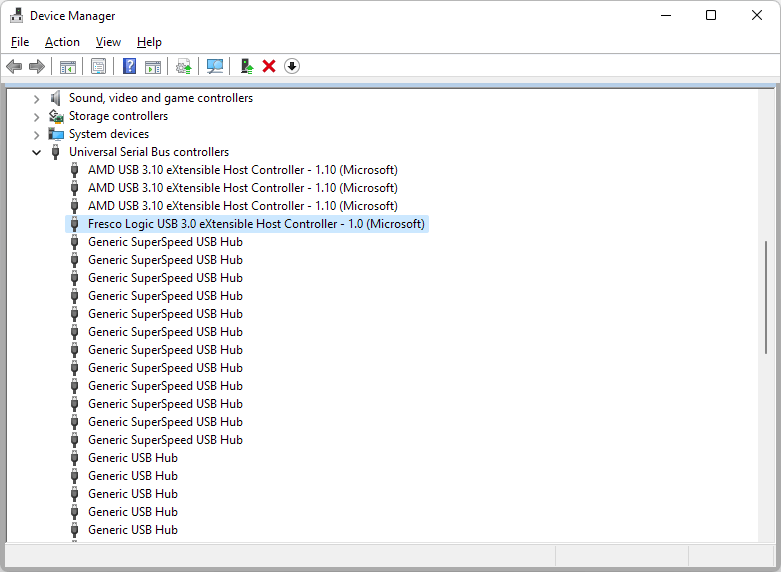 Fresco Logic USB3.0 PCI-E Expansion Card in the Device Manager.