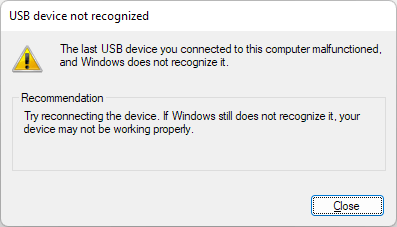 Fresco Logic USB3.0 - USB device not recognized message.