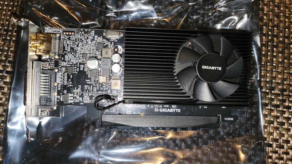 Gigabyte GV-N1030D4-2GL Nvidia Geforce GT 1030 Low Profile D4 2G DDR4 2GB Graphics Card - GPU with Low Profile Bracket installed.