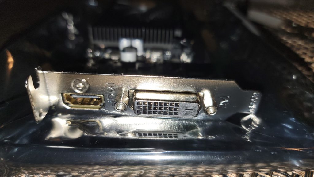 Gigabyte GV-N1030D4-2GL Nvidia Geforce GT 1030 Low Profile D4 2G DDR4 2GB Graphics Card - GPU connectors with Low Profile bracket installed.