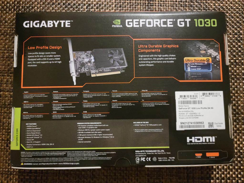 Gigabyte GV-N1030D4-2GL Nvidia Geforce GT 1030 Low Profile D4 2G DDR4 2GB Graphics Card - Box Back