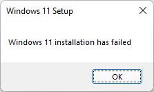 Error message of the failed Windows 11 upgrade.