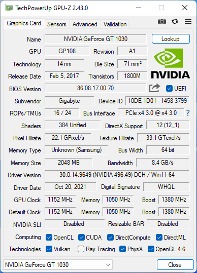 Gigabyte GV-N1030D4-2GL Nvidia Geforce GT 1030 Low Profile D4 2G DDR4 2GB Graphics Card - GPU-Z