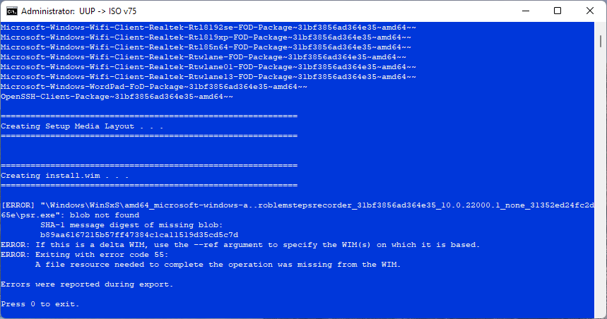 Initial failure creating the Windows 11 build 22000.376 ISO Image