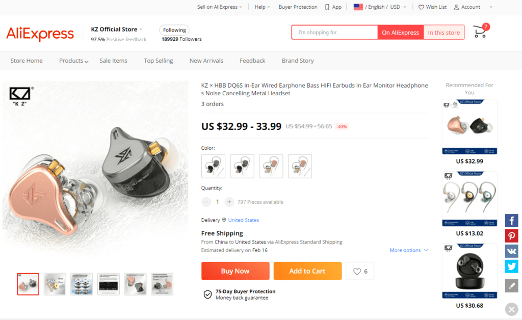 KZ DQ6S AliExpress listing