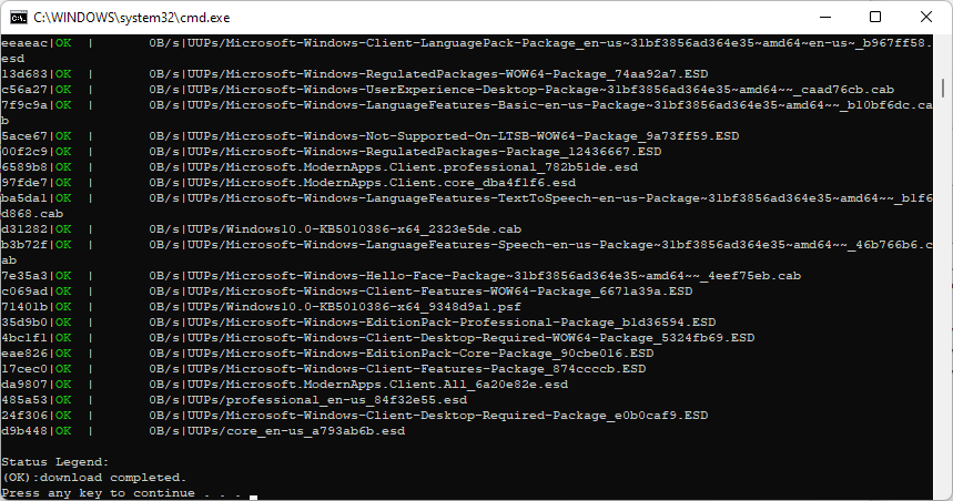 Finishing downloading the Windows 11 build 22000.493 UUP files using the script generated by uupdump.net