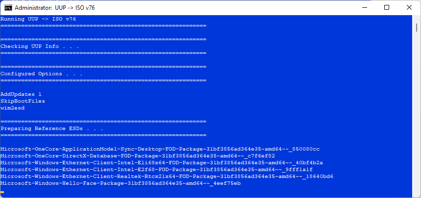 Running the uup-converter-wimlib v76 Convert-UUP.cmd script - Script generating the ISO image