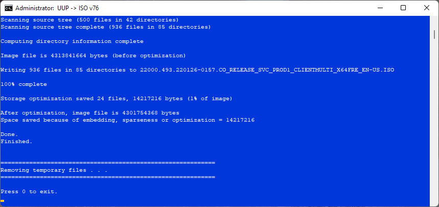 Running the uup-converter-wimlib v76 Convert-UUP.cmd script - Script finished generating the ISO image