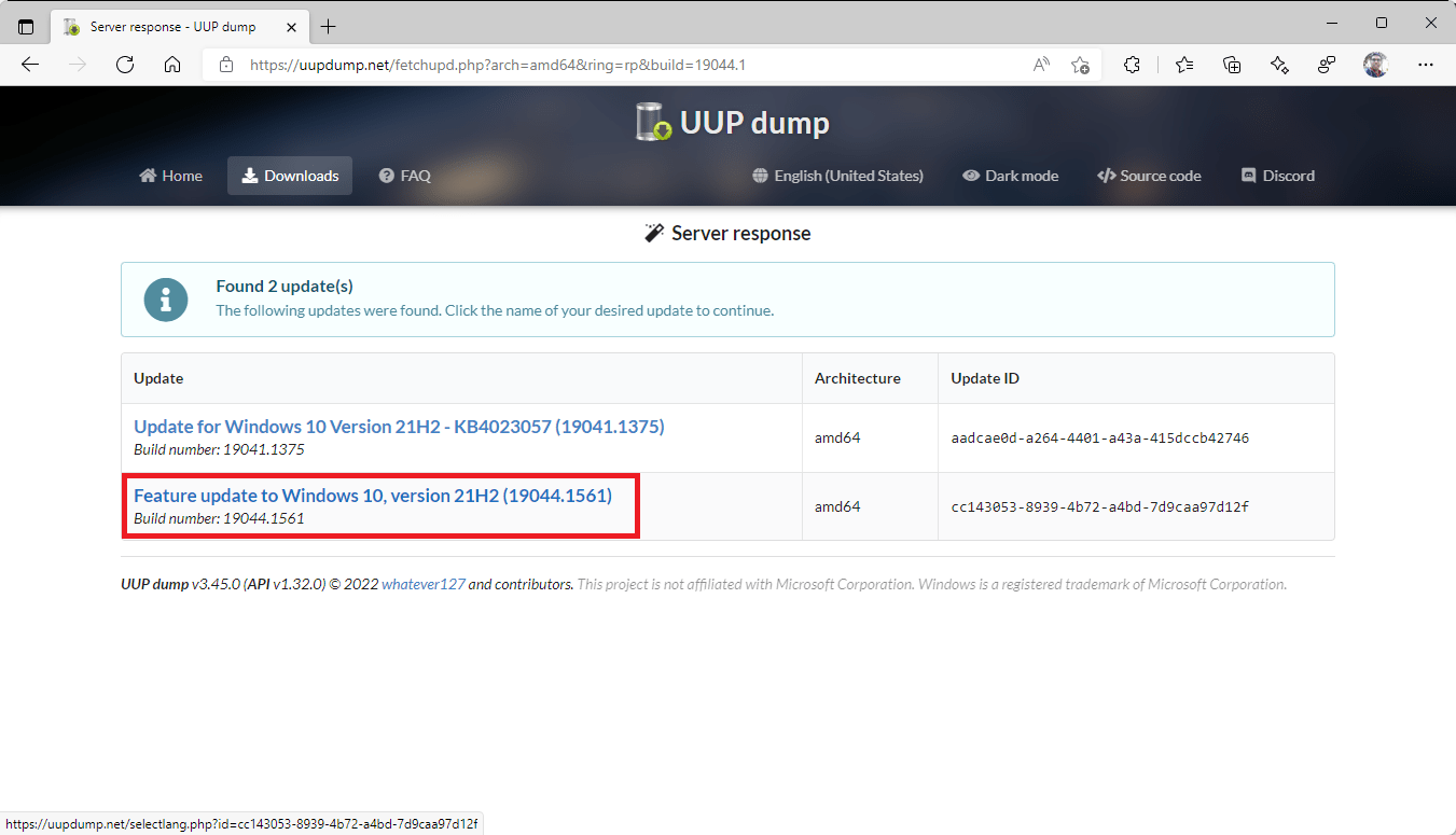 Downloading the Windows 10 build 19044.1561 x64 UUP download script from uupdump.net using the quick options results.