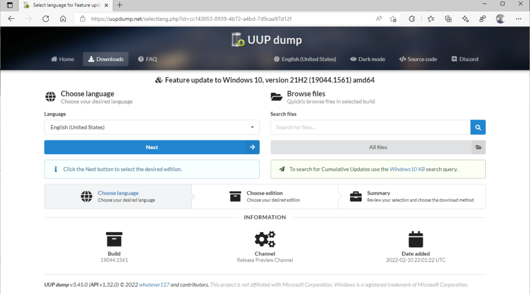 Downloading the Windows 10 build 19044.1561 x64 UUP download script from uupdump.net - Language selection