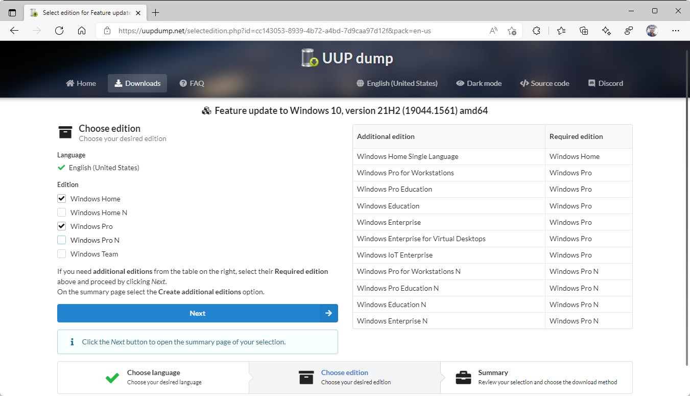 Downloading the Windows 10 build 19044.1561 x64 UUP download script from uupdump.net - Edition selection