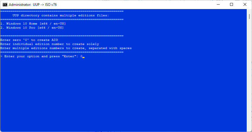 Running the uup-converter-wimlib v76 Convert-UUP.cmd script - Windows 10 Edition selection