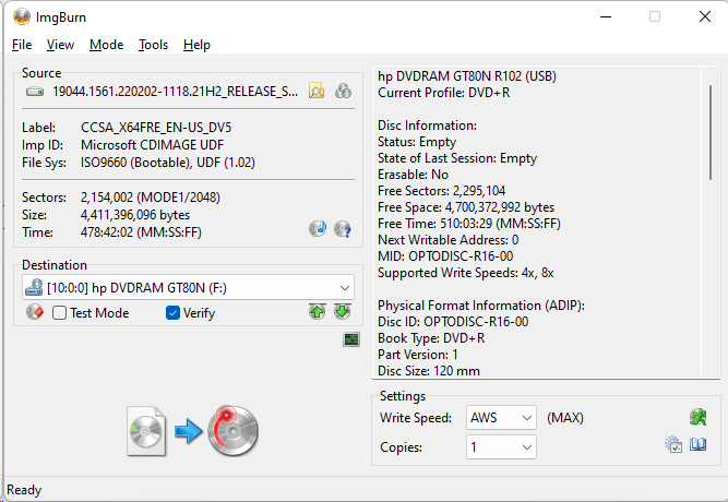 Burning the Windows 10 build 19044.1561 ISO image to a DVD using ImgBurn - 2