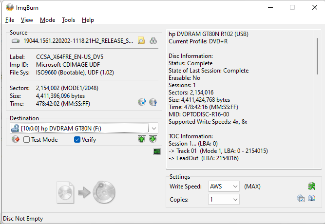 Verifying the Windows 10 build 19044.1561 ISO image burned to a DVD using ImgBurn - 3