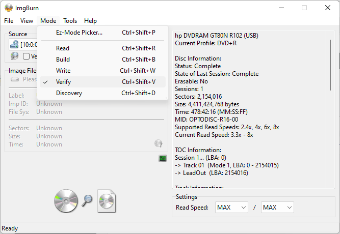 Verifying the Windows 10 build 19044.1561 ISO image burned to a DVD using ImgBurn - 4