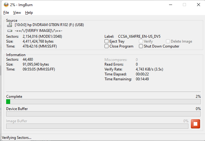 Verifying the Windows 10 build 19044.1561 ISO image burned to a DVD using ImgBurn - 6