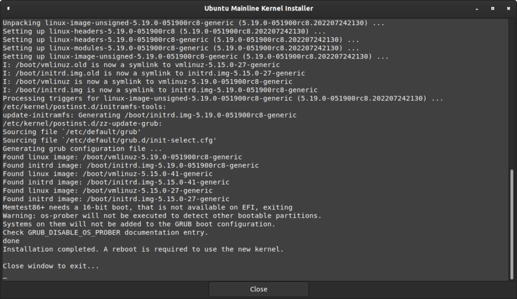 Upgrading to the latest Linux Kernel with Mainline - Installing the Linux Kernel 5.19.0-rc8 - 4