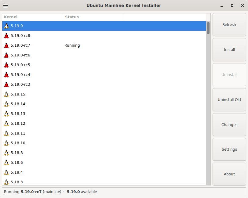 1 - Selecting the Linux Kernel 5.19 in Ubuntu Mainline Kernel Installer
