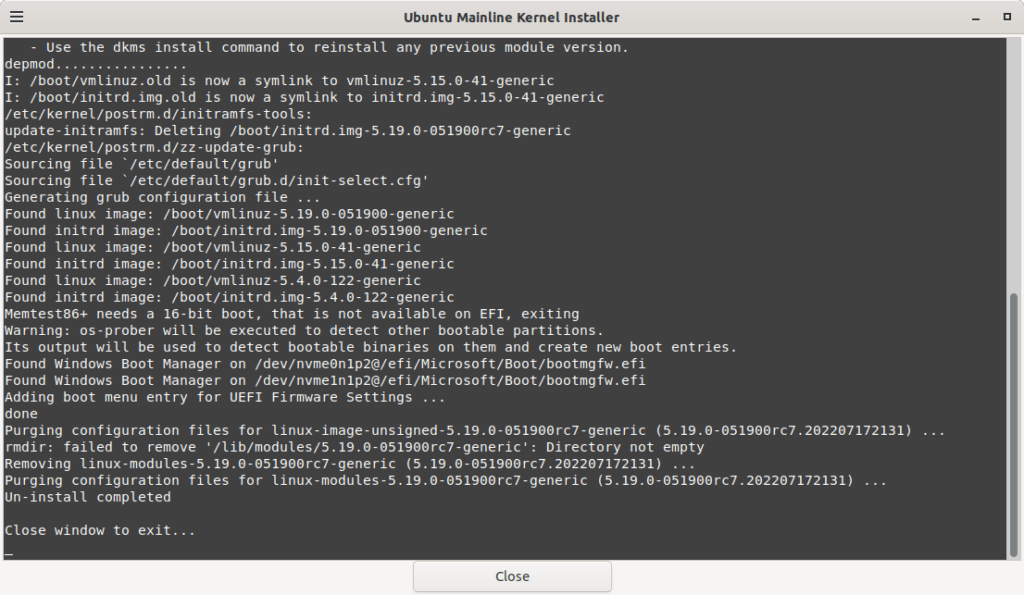 10 - Uninstallation of the previous Linux Kernel 5.19 completed