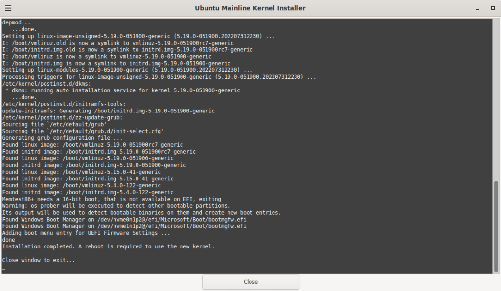 4 - Installation of the Linux Kernel 5.19 finished