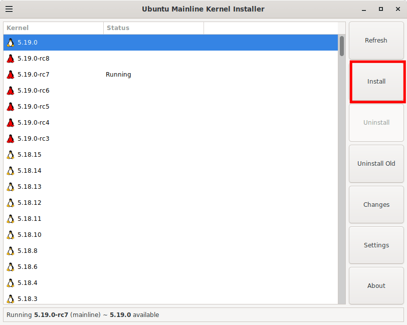 6 - Clicking the Install Button to install the Linux Kernel 5.19 in Ubuntu Mainline Kernel Installer