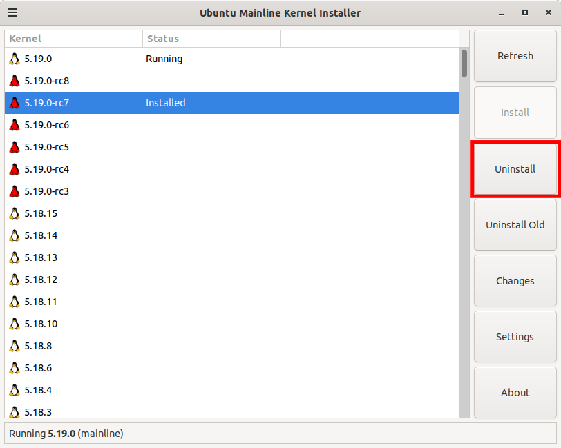 8 - Clicking the Uninstall Button to uninstall the previous Linux Kernel 5.19