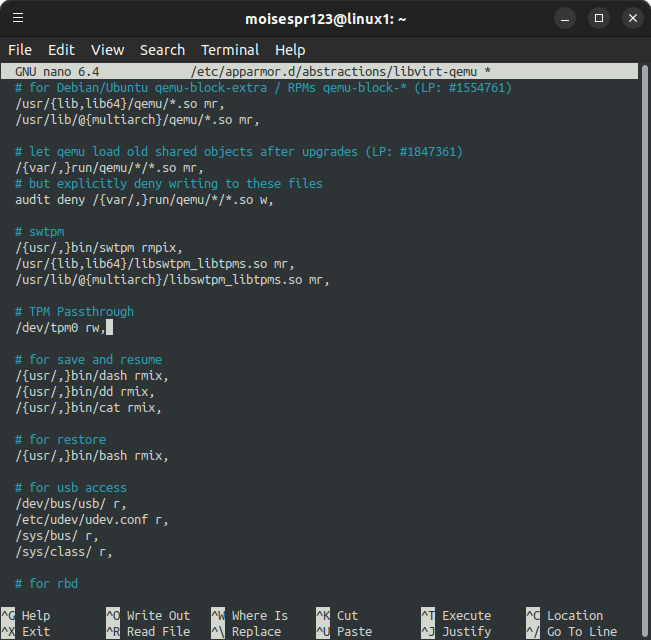 04 - TPM Passthrough line in apparmor libvirt-qemu file