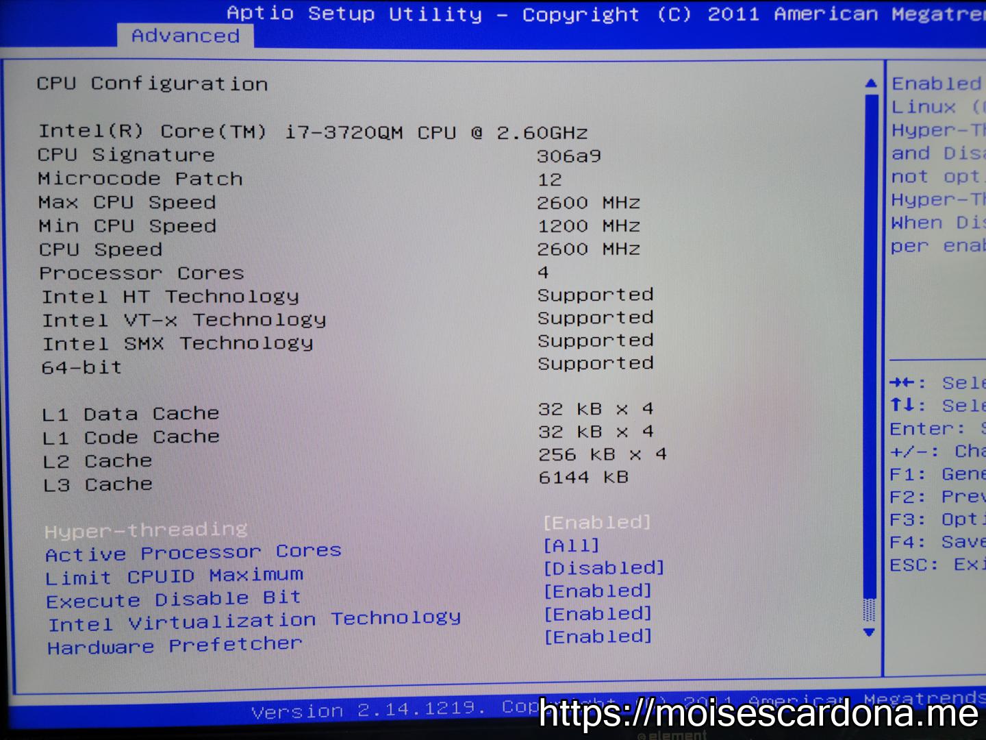 11 -Intel i7-3720QM CPU details in the Jetway NF9G-QM77 motherboard BIOS