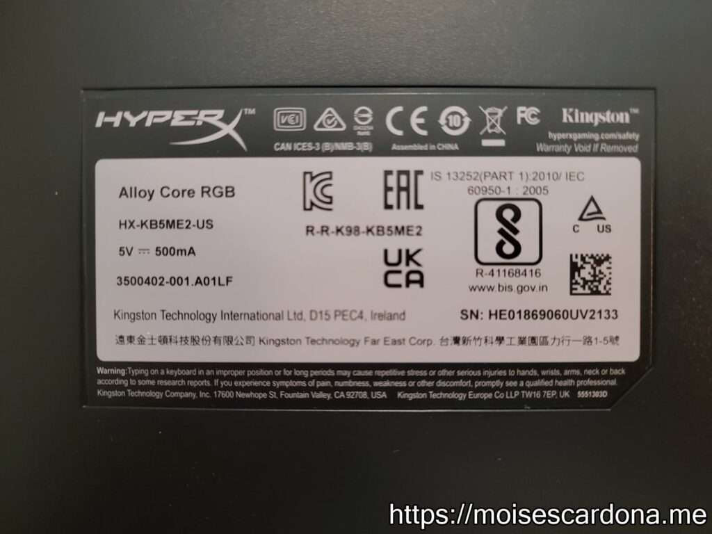 8 - HyperX Alloy Core RGB Keyboard - Keyboard Back Details