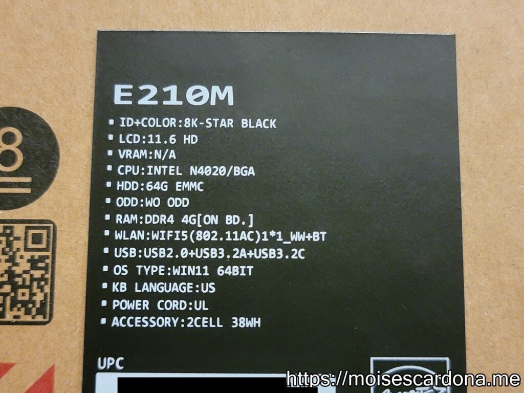 ASUS E210MA 11.6 inch laptop - 3 - PC Details label