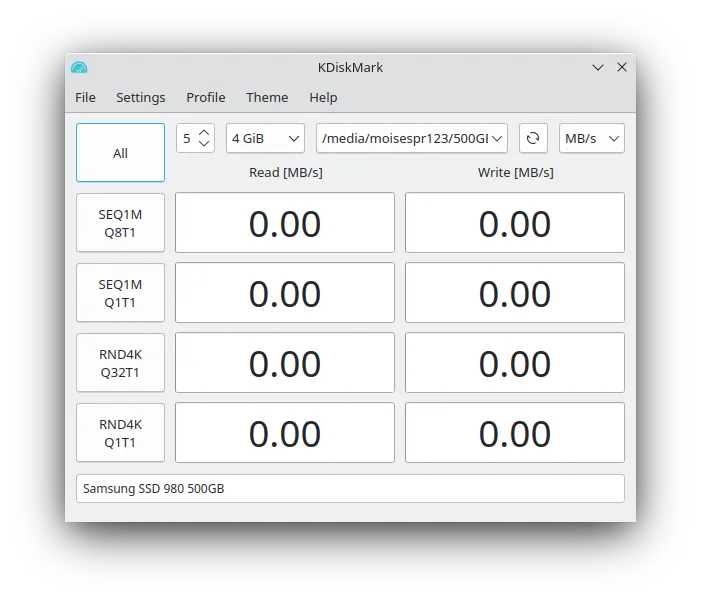 Benchmarking Samsung SSD 980 on ASUS E210MA with KDiskMark 1