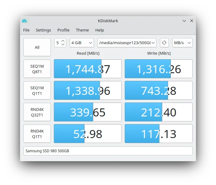 Benchmarking Samsung SSD 980 on ASUS E210MA with KDiskMark 4