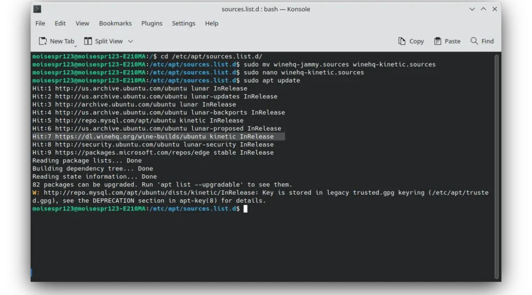 Changing the WineHQ repository from jammy to kinetic 9