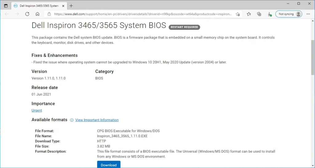 Dell Inspiron 15 3565 BIOS Update 1.11.0 1