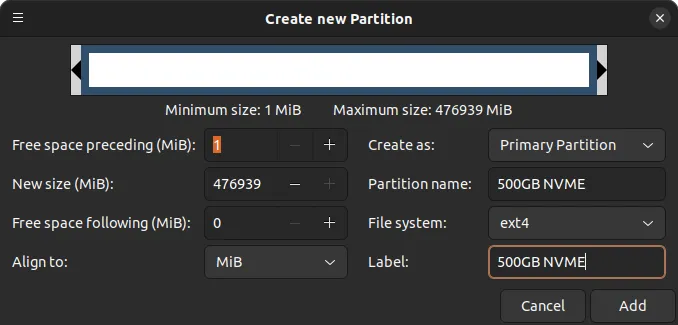 Partitioning the Samsung SSD 980 500GB using gparted 08