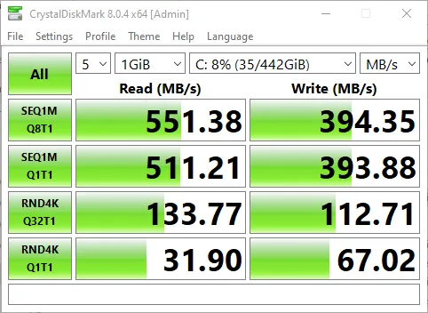 Samsung 870 EVO CrystalDiskMark Benchmark on HP 2000-2c20NR laptop