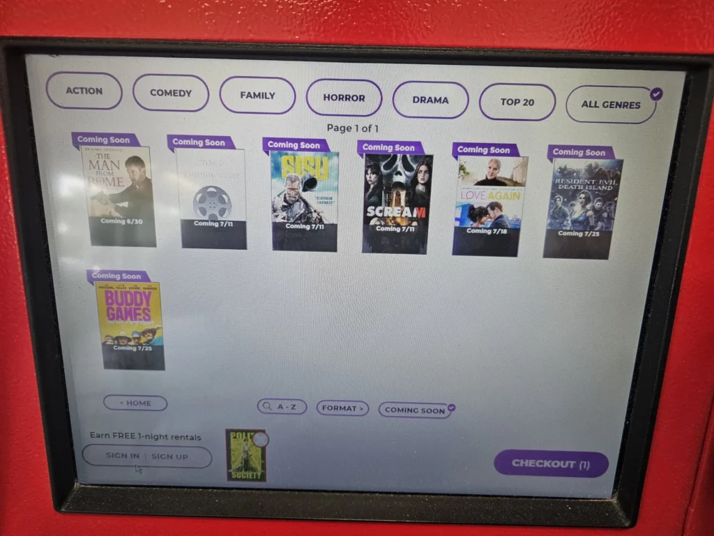 What is coming soon to Redbox according to the Kiosk as shown on July