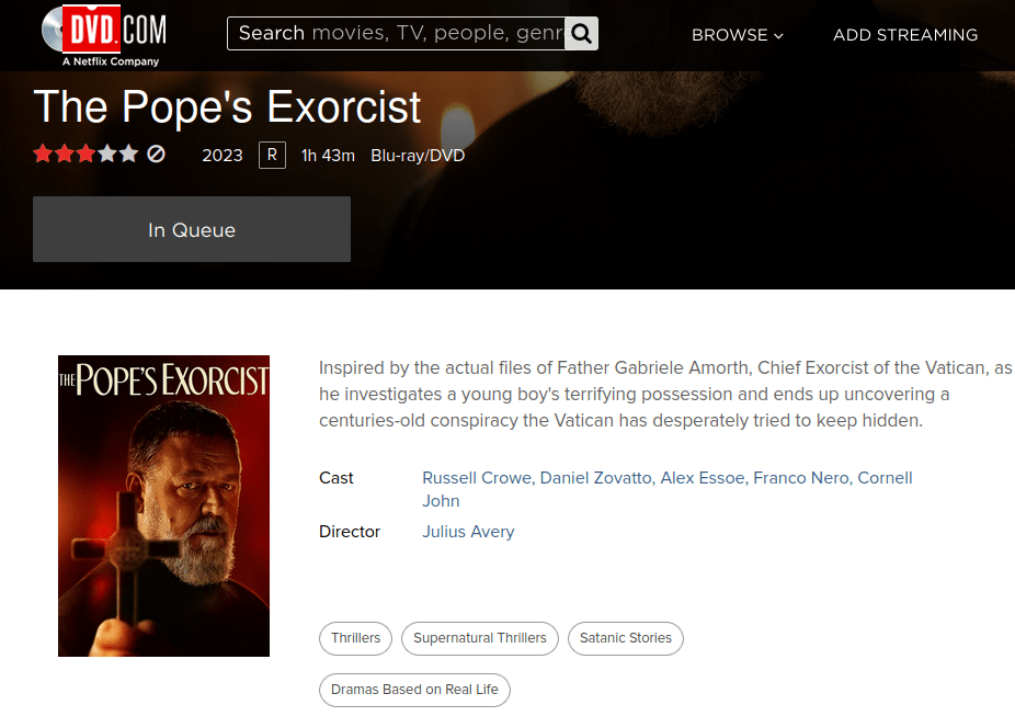The Pope's Exorcist on Netflix DVD