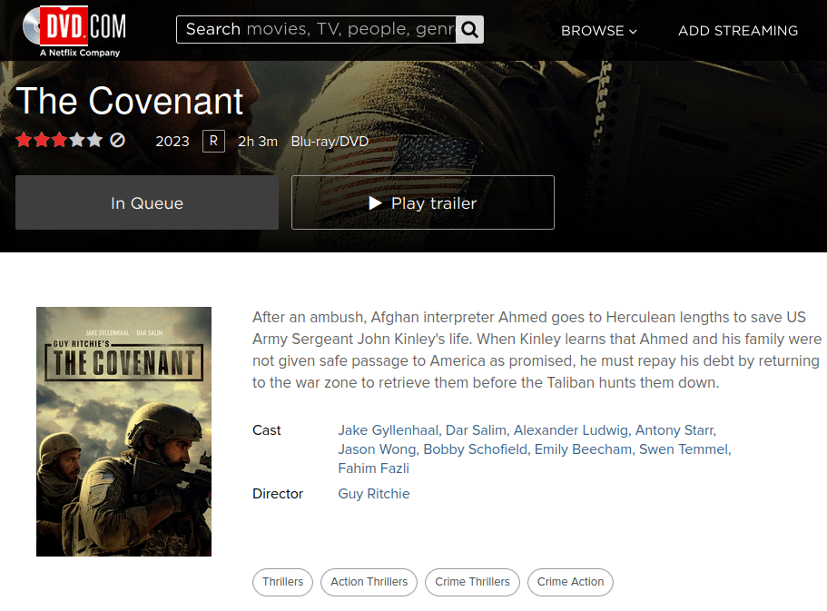Guy Ritchie's The Covenant (2023) on Netflix DVD