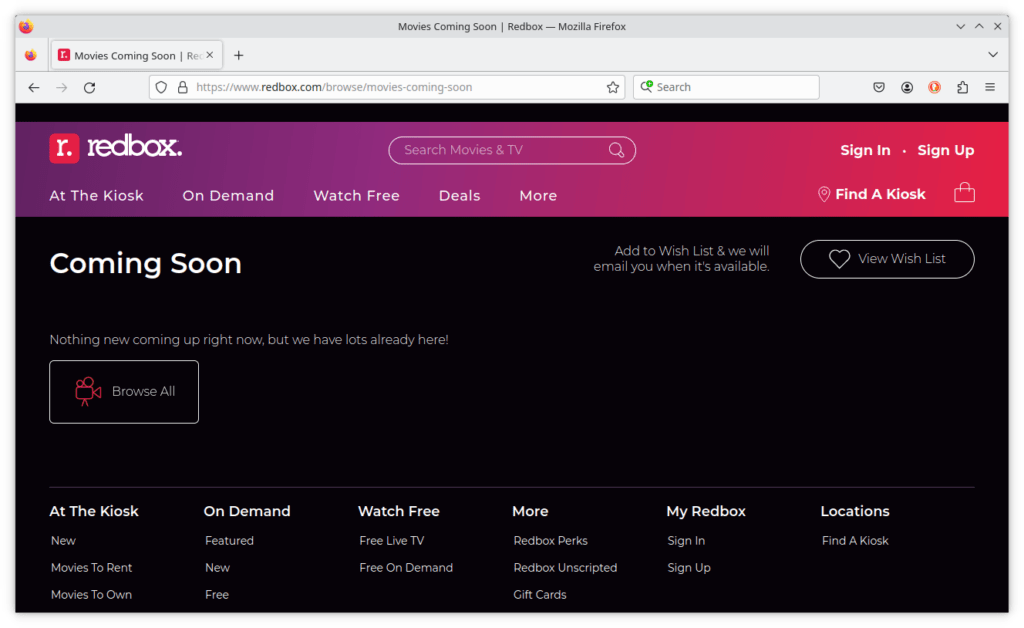 Redbox Coming Soon page is empty on December 12th, 2023.