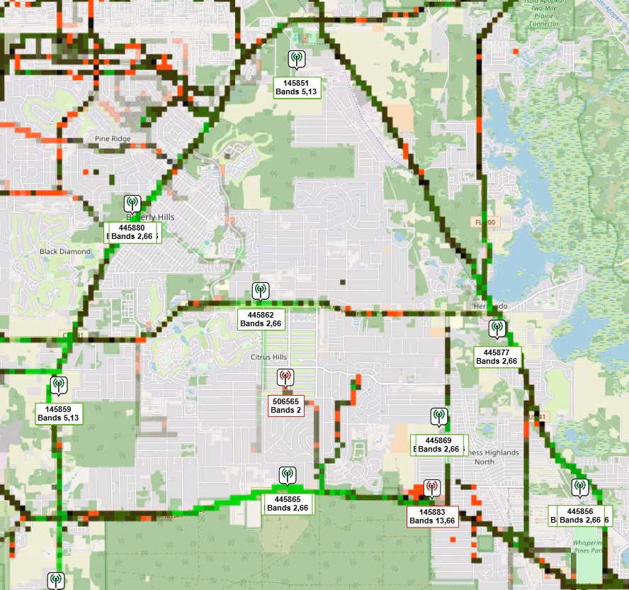 Verizon eNB area covered eNBs 145869, 145877, 145880 and 445869, 445877, 445880